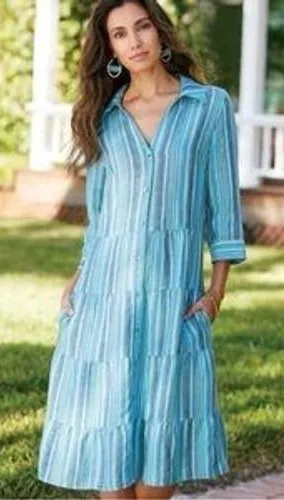 Soft Surroundings 100% Linen Striped‎ Tiered Midi Shirt Dress Blue Coastal XS thumbnail 1