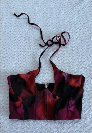 White Fox Red Purple Abstract Floral Mesh Halter Corset Crop Top XS thumbnail 1