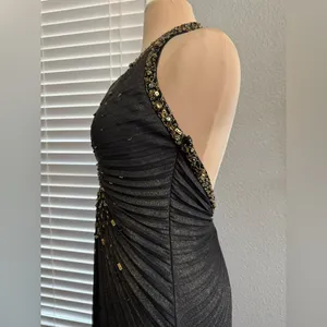 Sue‎ Wong Nocturne Halter Pleated Beaded Gown Size 8 Travilla Style Black & Gold thumbnail 4