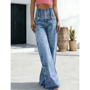 Casual High Waist Wide Leg Denim Jeans Button Down Calf Light Blue 10 thumbnail 5