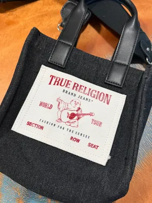 True Religion Black Gray Canvas Messenger Bag Logo Buddha Patch adjustable strap thumbnail 2