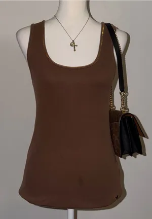 2000s vintage style american eagle whimsical brown ribbed tank top with sequin thumbnail 1