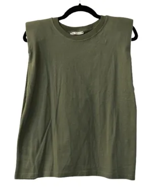 ZARA Shoulder Pad T Shirt Top Olive Green Size Small thumbnail 1