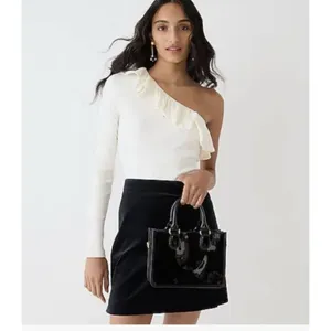 J.Crew Womens Ribbed Ruffled Neck One Shoulder Top Blouse Black‎ Size Medium NWT thumbnail 2