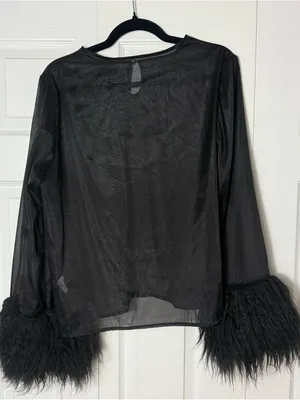 Shein Black Sheer Mesh Faux Fur Cuff Long Sleeve Blouse Keyhole Back Size XL 12 thumbnail 1
