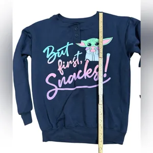 Star Wars Navy Baby Yoda Pajama Lounge Sweatshirt Top “But First, Snacks!”‎ XS thumbnail 4