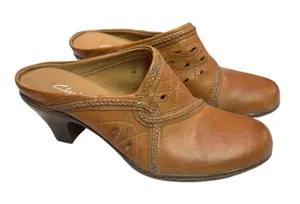 Clarks Brown Leather Chiffon Lily Block Heel Clogs SZ‎ 8 thumbnail 1