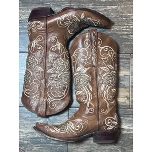 Wildflowers Bluebonnet Size 6 Brown Leather Rose Embroidered Cowboy Boots‎ Rodeo thumbnail 4