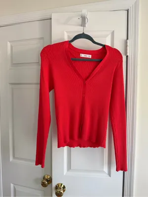 Mango Red Ribbed Fitted Button Front Cardigan Top M thumbnail 7