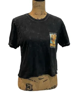 Black Mineral Distressed Cropped Graphic Tee Vincent Van Gough Size M thumbnail 1