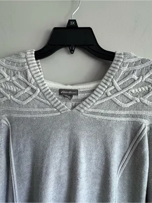 Eddie Bauer Women’s Light Gray V-Neck Pullover Hooded Sweater Size Large thumbnail 4