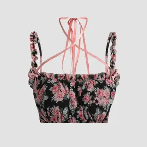 Cider Women‎ Floral Black and Pink Spaguetti straps Cropped Tank Top Size S thumbnail 2