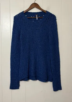 Free People Blue Open Knit Crewneck Sweater S Boho Slouchy Pointelle Pullover thumbnail 1
