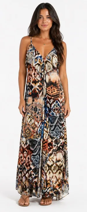 Lani Boho Plunging Maxi Dress Crochet Back Earthy Festival Hippie Chic Size M thumbnail 1