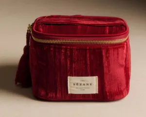 Sézane Crushed Red Velvet Cotton Lined Tassel Zipper Travel Case thumbnail 1