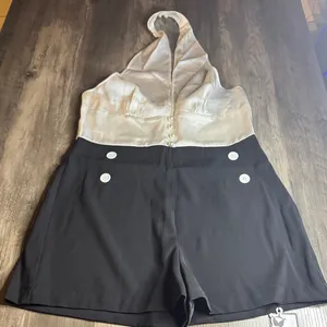 Retro Stage Pinup Romper Ivory Halter Top with Black Sailor-Style Short thumbnail 5