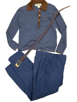 Carlisle Silk Cashmere Button-Up Top Wool Pants & Leather Belt Set Blue & Brown thumbnail 1