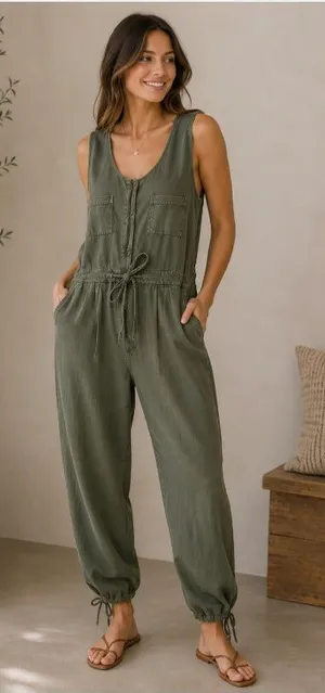 Free People Jumpsuit Womens Medium Green Sleeveless Utility Drawstring Pockets thumbnail 1