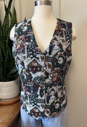 Vintage Christmas Tapestry Vest Winter Scene‎ XL 90s thumbnail 1