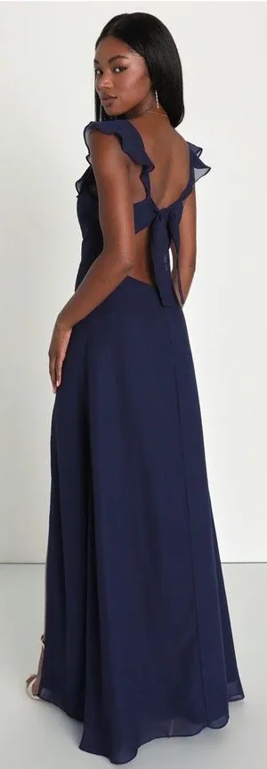 Lulus Sweetest Entrance Navy Blue Ruffled Tie-Back Maxi Dress Size Medium NWT thumbnail 2