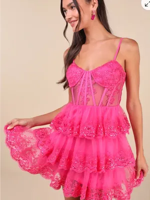 NWT Lulus Exquisite Drama Hot Pink Embroidered Sequin Tiered Mini Dress Size Med thumbnail 2