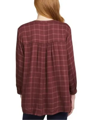 Wrangler Womens XXL Burgundy Plaid Pintuck Tunic Blouse Western Boho Cowgirl thumbnail 3