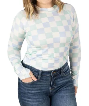 Michelle Mae Checkered Long Sleeve buttery soft rayon blend Top size large thumbnail 1