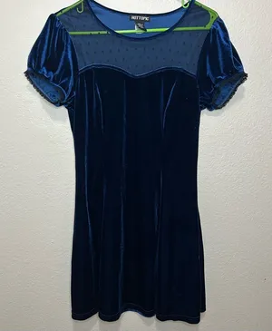 Hot Topic Blue Velvet Sweetheart Dress Whimsigoth Mesh Lace Puff Sleeve Mini M thumbnail 1
