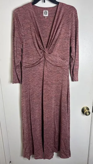 Anne Klein Space Dye Knot Front Midi Dress V-Neck 3/4 Sleeve Pink Combo L thumbnail 1