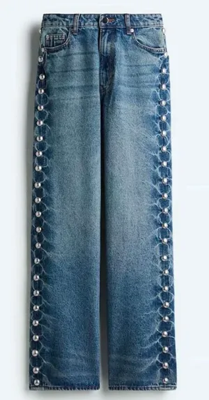 Vigoss Medium Wash Straight-Leg Jeans with Side Studded Detailing thumbnail 1