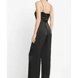 Express Black Satin Cowl Neck Wide Leg Tie‎ Waist Spaghetti Strap Jumpsuit thumbnail 4