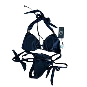 Relleciga Black Triangle Halter Bikini Set Gold Ring Hardware Side Tie Two Piece thumbnail 3