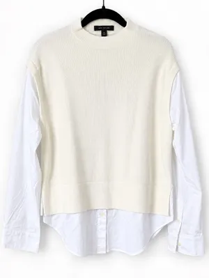 Ann Taylor Mixed Media Sweater Top Womens Medium White Layered Shirt Preppy thumbnail 1