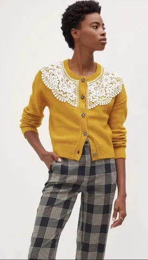RARE Anthropologie Maeve Mustard Yellow Lace Collar Cardigan Sweater Size M thumbnail 1