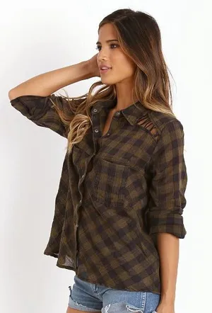 Free People Lace Up Plaid Button Up Shirt thumbnail 1