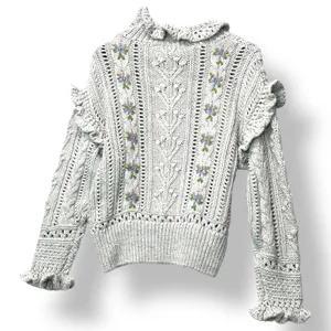 Zara Grey Knit Sweater Floral Embroidered Ruffle Collar S Twee Cottagecore Boho thumbnail 3