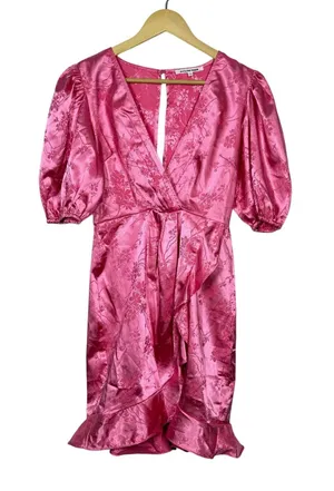 Elevator Disco Mini Dress Womens Size Small Pink Floral Surplice Neck Ruffle Hem thumbnail 1