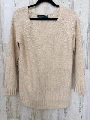 Lauren Ralph Lauren Women’s L Cream Ivory V-Neck Cotton Blend Knit Sweater thumbnail 2