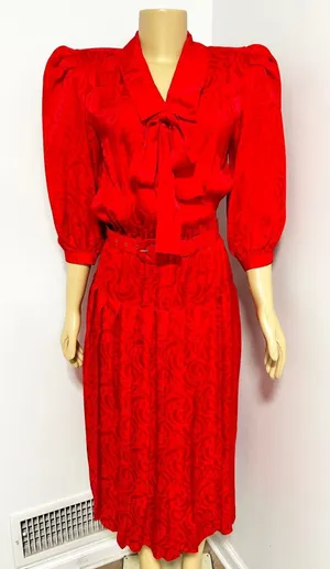 Argenti Vintage Red 100% Silk Jacquard Bow Belted Midi Dress Womens 6 thumbnail 1