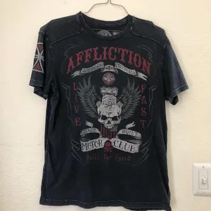 Affliction VERY RARE Grey Black Red Faded wash biker motorcycle skull crossbones wings goth grunge punk graphic tee tshirt top American Motor Club Fast Racer #jessepinkman thumbnail 1