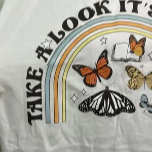 "TAKE A LOOK IT'S IN A BOOK" reading rainbow butterfly tee shirt size large FLAW thumbnail 3