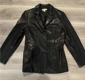 Casual Corner 90s women’s black leather blazer jacket size Small thumbnail 1