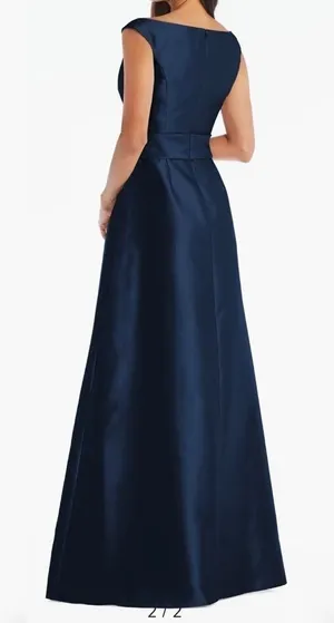 NWOT Alfred Sung Midnight Off the Shoulder Satin Gown Navy D11S 8 R thumbnail 1