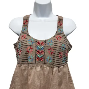 Y2K Mudd Women Boho Festival Embroidered Babydoll‎ Top S Tan Peasant Cottagecore thumbnail 3