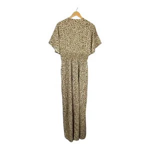 Dress Up‎ Animal Print Maxi Dress Womens Large Brown Pink Smocked Waist V-Neck thumbnail 4