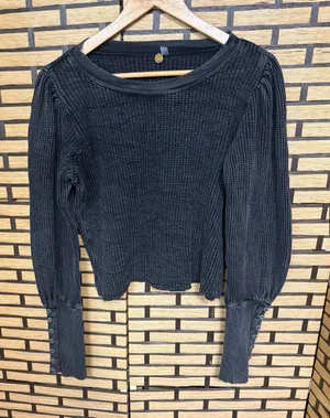 Free People One Black waffle knit long sleeve top size xl thumbnail 1