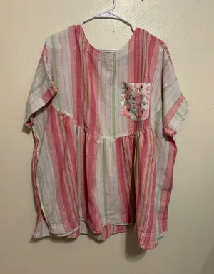 Sage + Fig Pink Stripe Boho Babydoll Top 1X Floral Pocket thumbnail 1