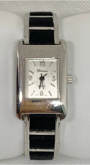 Geneva silver black tone women’s watch 20mm quartz cuff bracelet size 7” running thumbnail 1