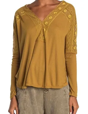 Free People Women's Lola Long-Sleeve Blouse, Mustard Yellow‎ Boho Lace Trim thumbnail 1