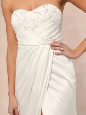Lulu's Ivory Strapless beaded Sweetheart Gown with Draped Front Slit thumbnail 4